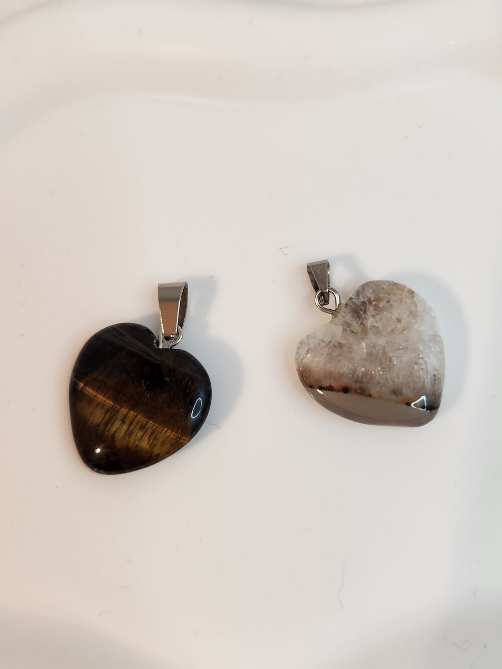 Set Of Two Heart Shaped Necklace Pendants Tigers Eye and Unknown Natural Stone